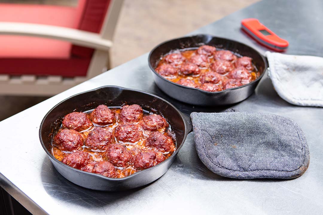 Smoked Meatballs in Skillets